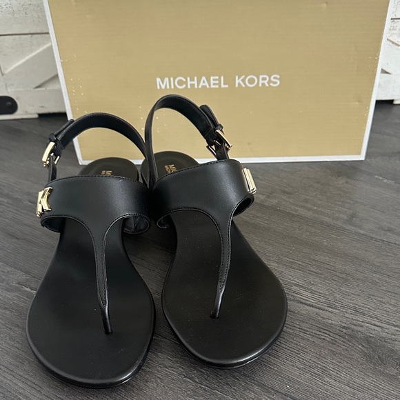 Michael Kors Jilly SandalBlack Leather with Gold Buckles - Picture 1 of 5